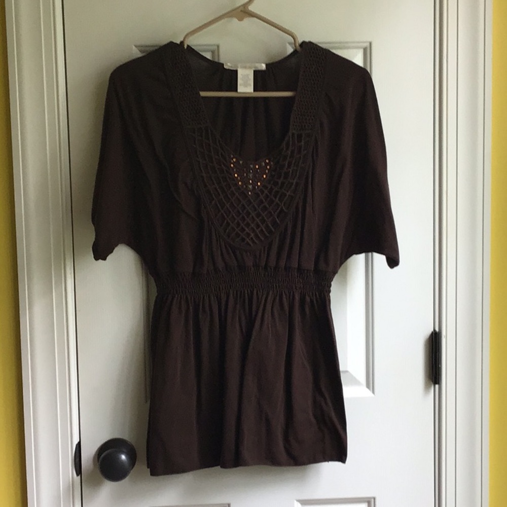 Brown blouse stud and rhinestone detail